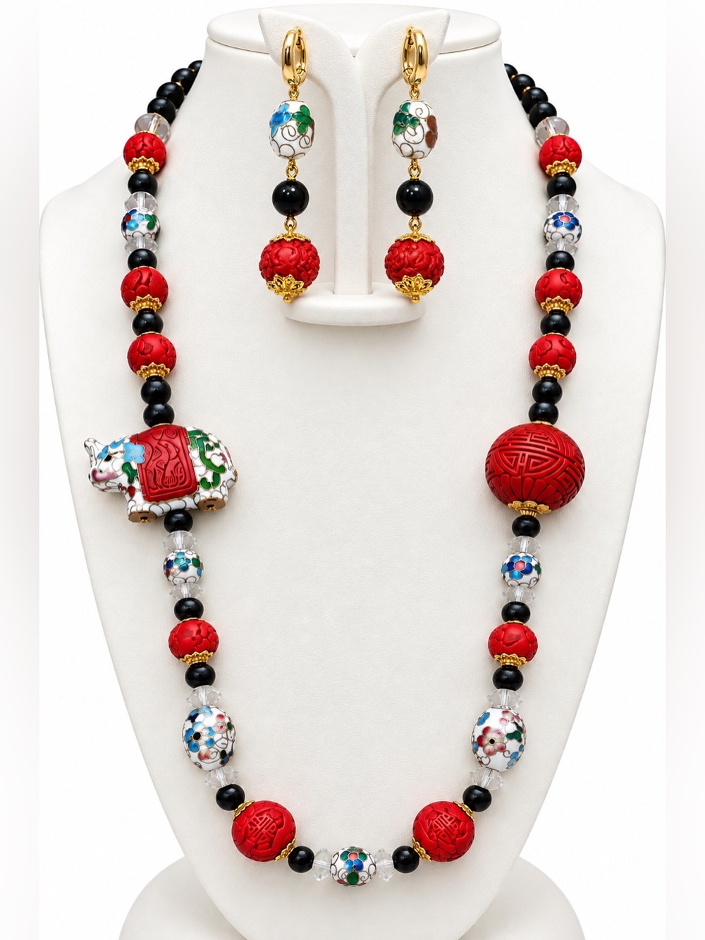 Artisan Red Cinnabar, Cloisonné, Onyx & Crystal Necklace & Earrings Set 🧁